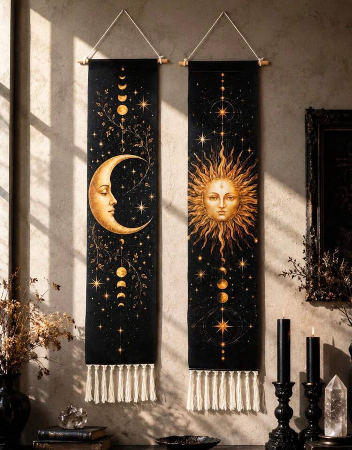 Celestial Sun & Moon Wall Hangings – Set of Two