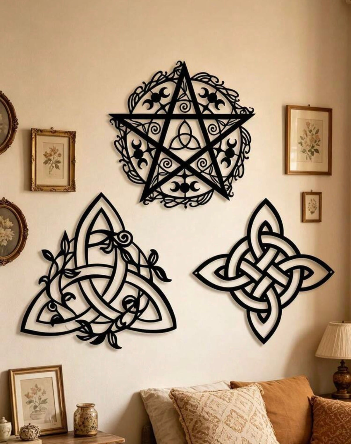 Triple Moon, Pentacle & Celtic Knot Metal Wall Art – Set of 3