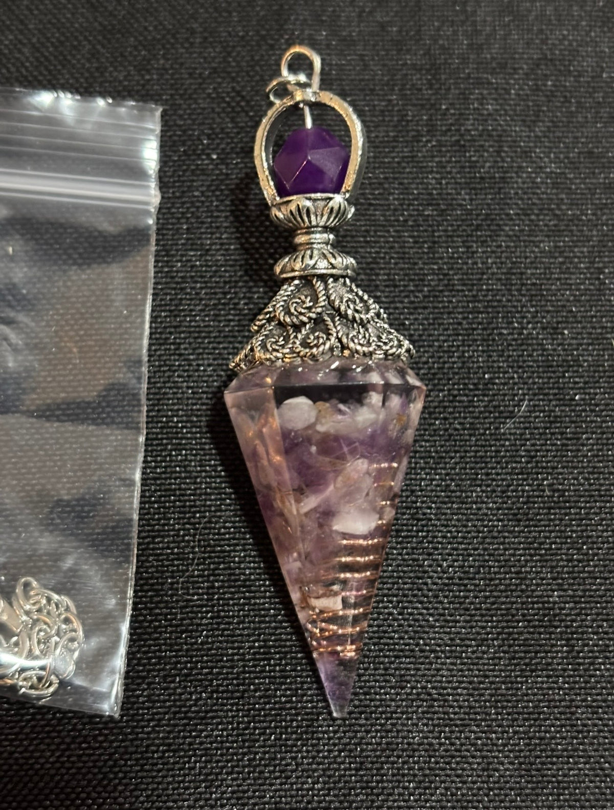 Amethyst Orgonite Dowsing Pendulum with Silver-Tone Chain