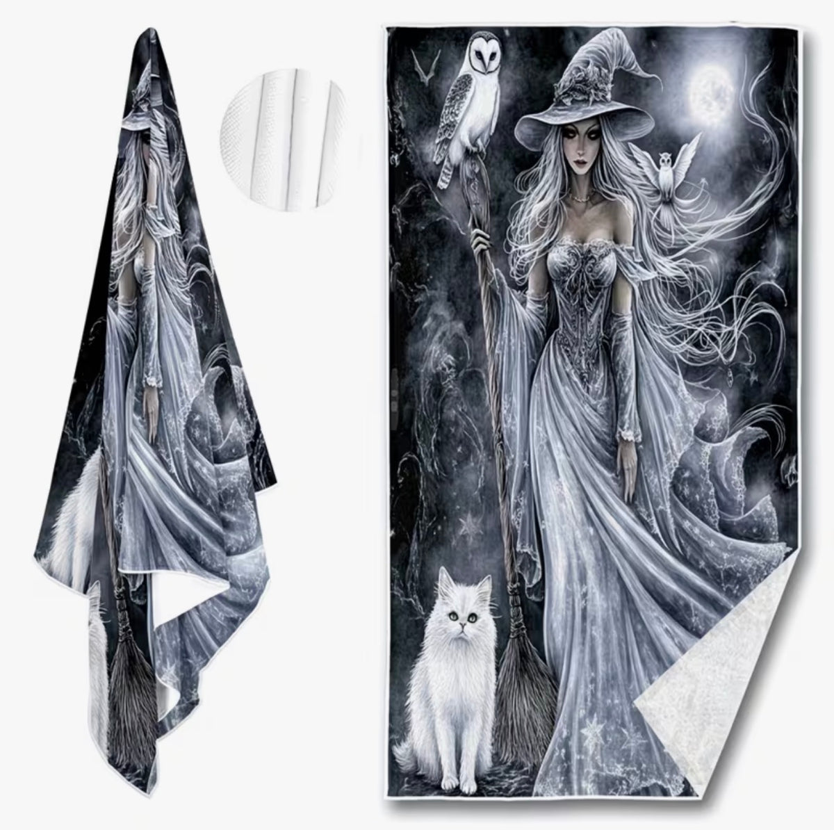 Moonlit Familiar Gothic Witch & Cat Bath Towel