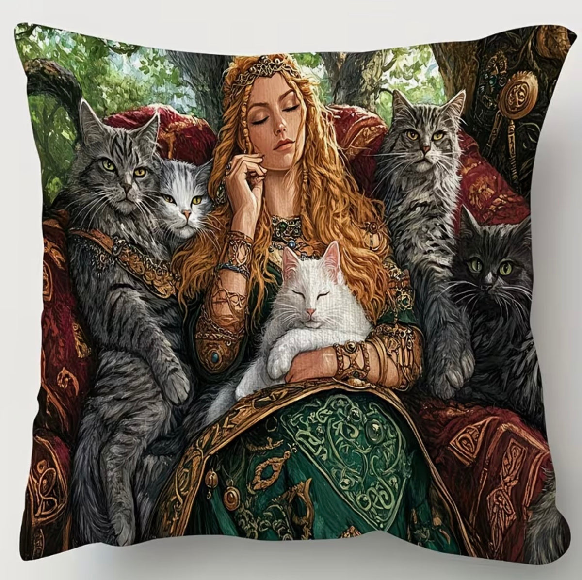 Freyja & Her Cats – Green Velvet Cushion Cover