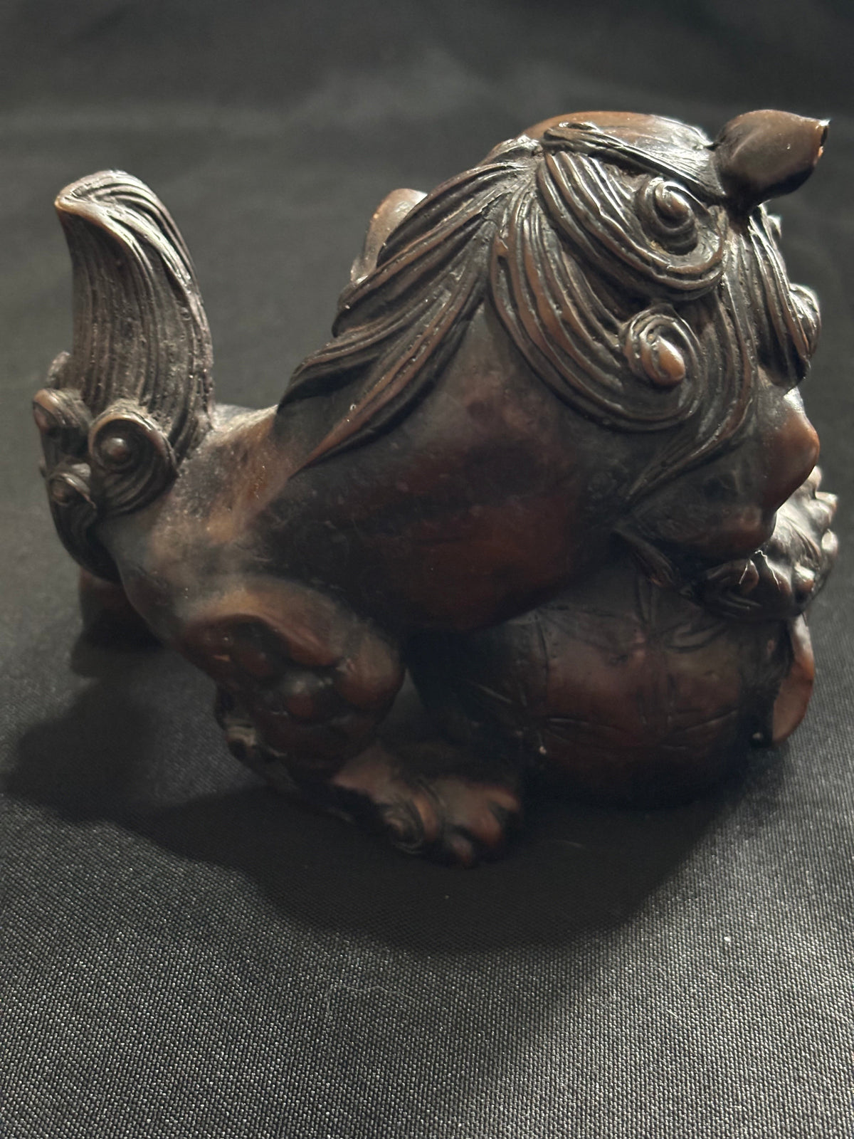 Vintage Heavy Resin Foo Dog Guardian Lion with Brocade Ball
