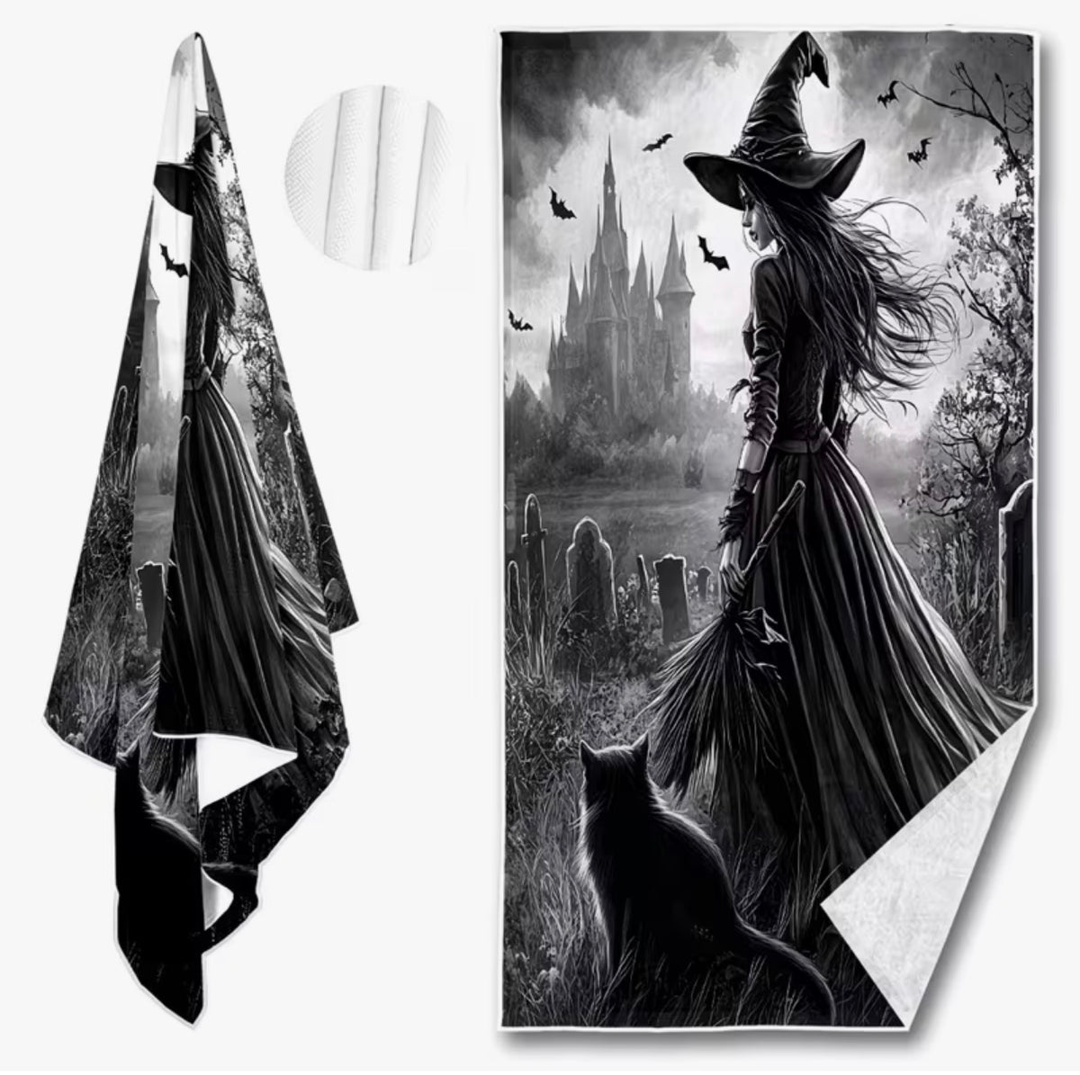 Witch’s Road – Gothic Witch & Black Cat Bath Towel