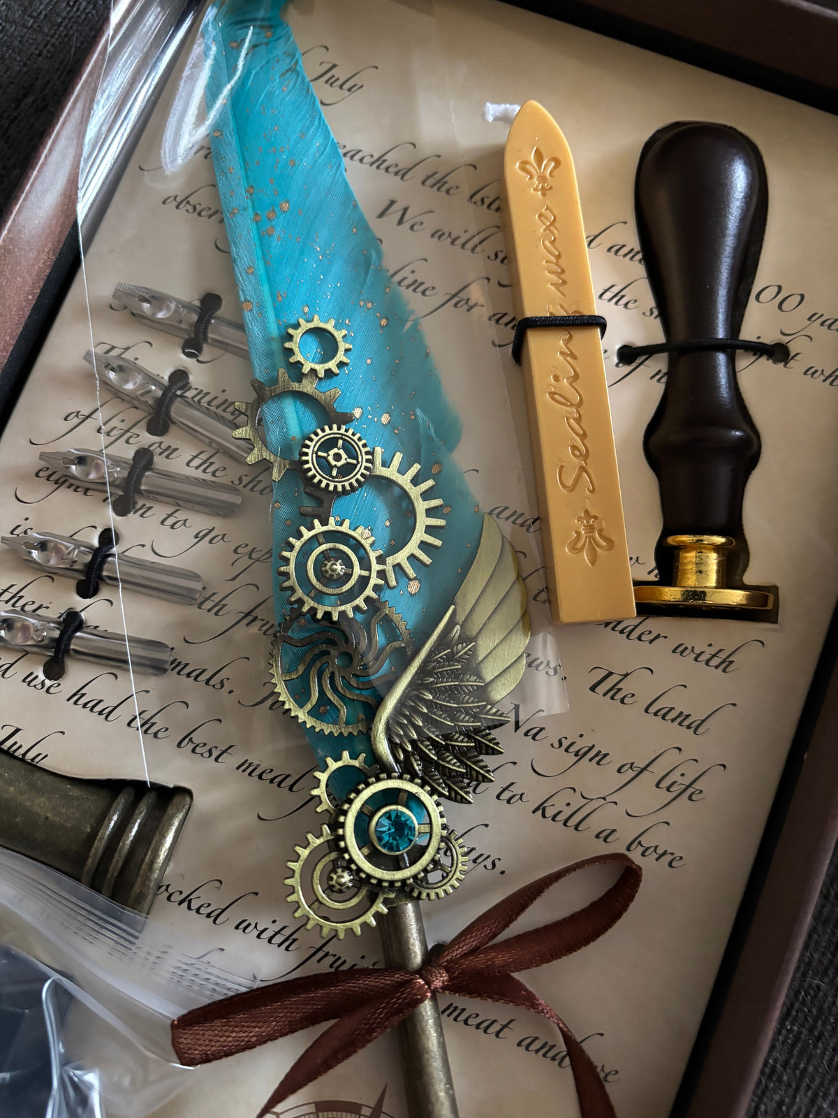 Vintage Turquoise Feather Ink & Quill Writing Set