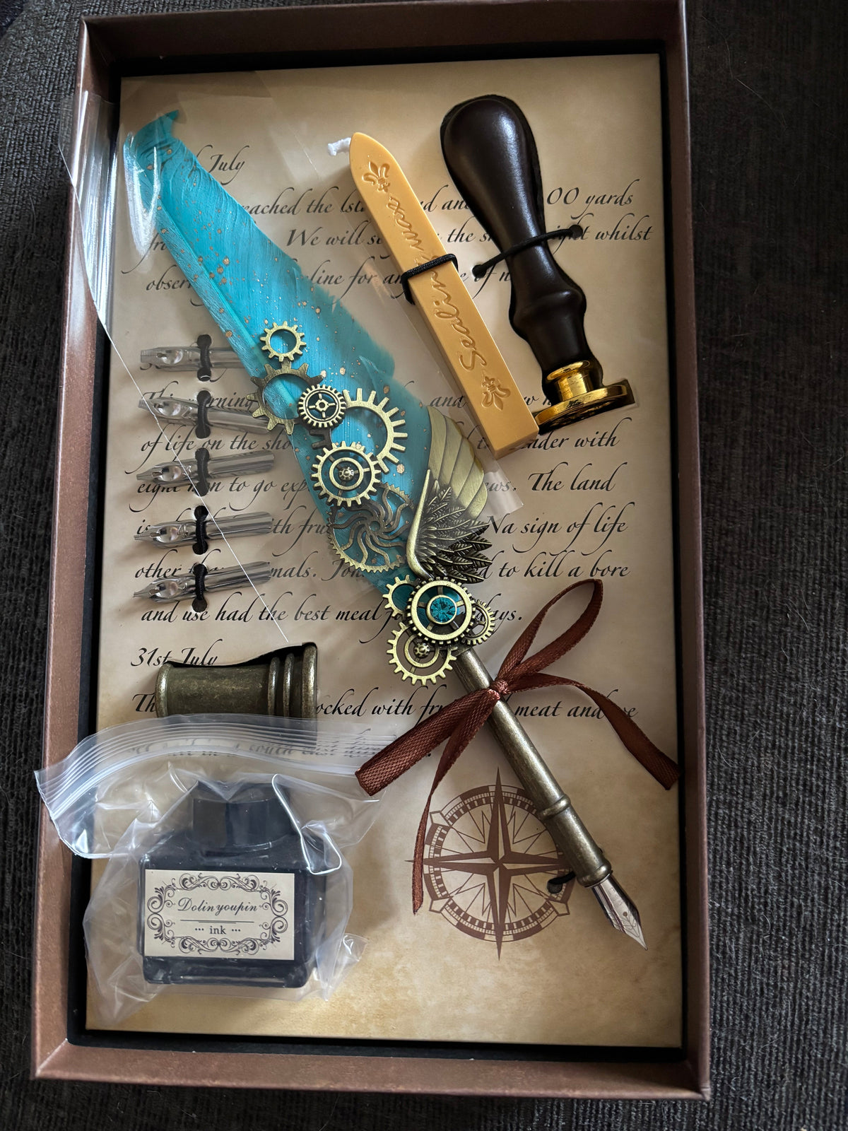 Vintage Turquoise Feather Ink & Quill Writing Set