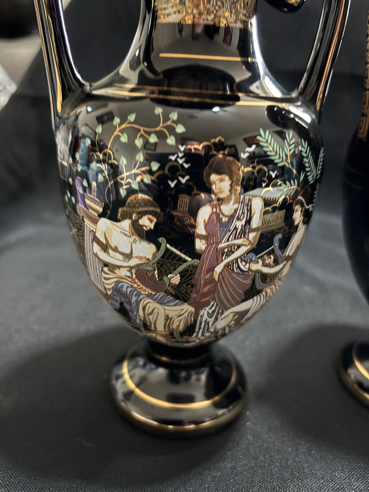 Pair of Vintage Greek 24K Gold Black Amphora Vases