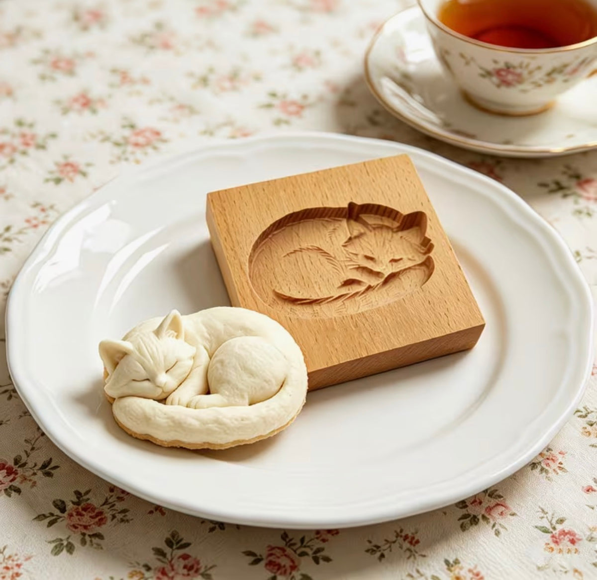 Sleeping Cat Traditional Wooden Cookie Mould