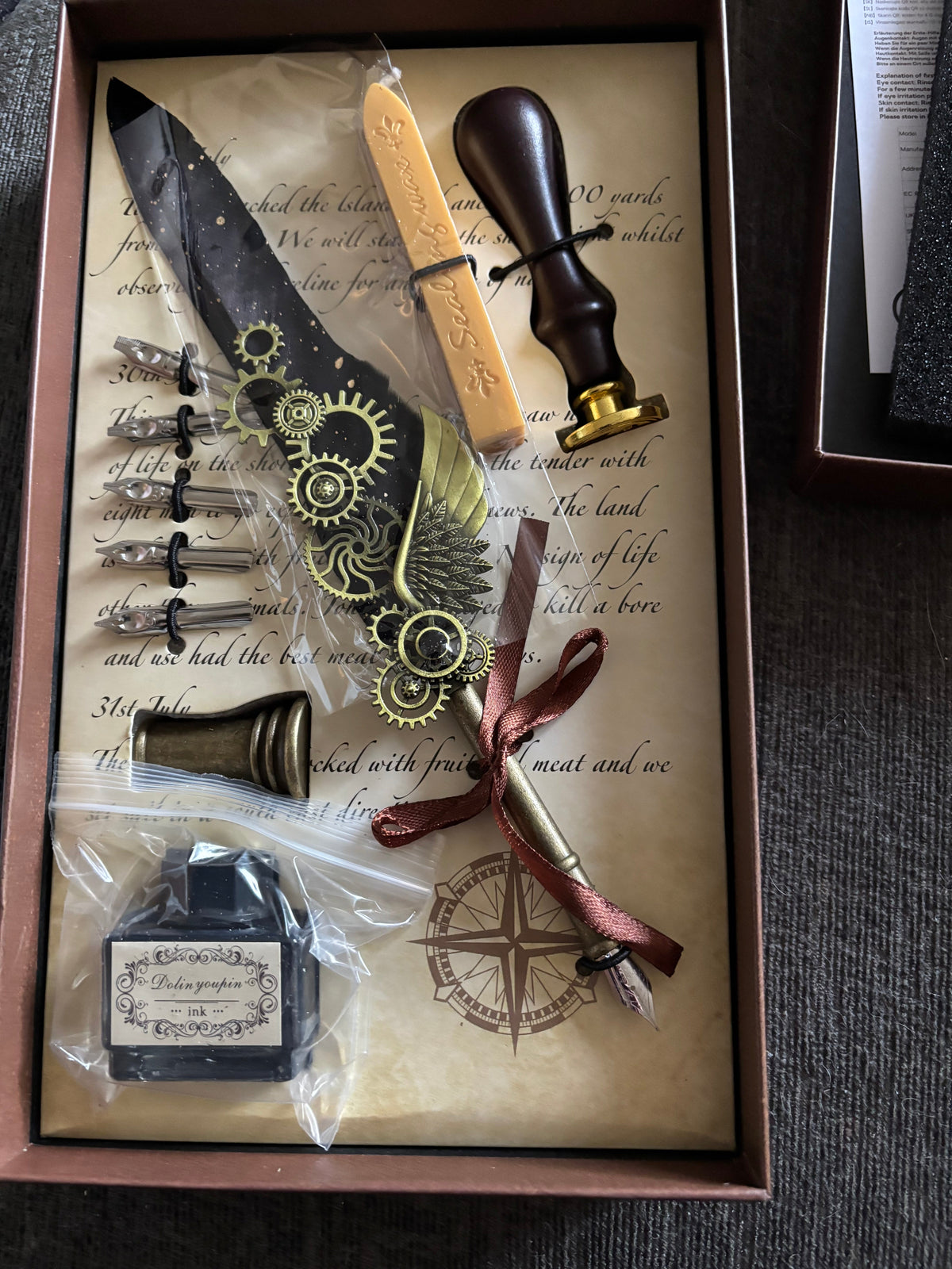 Vintage Black Feather Ink & Quill Writing Set