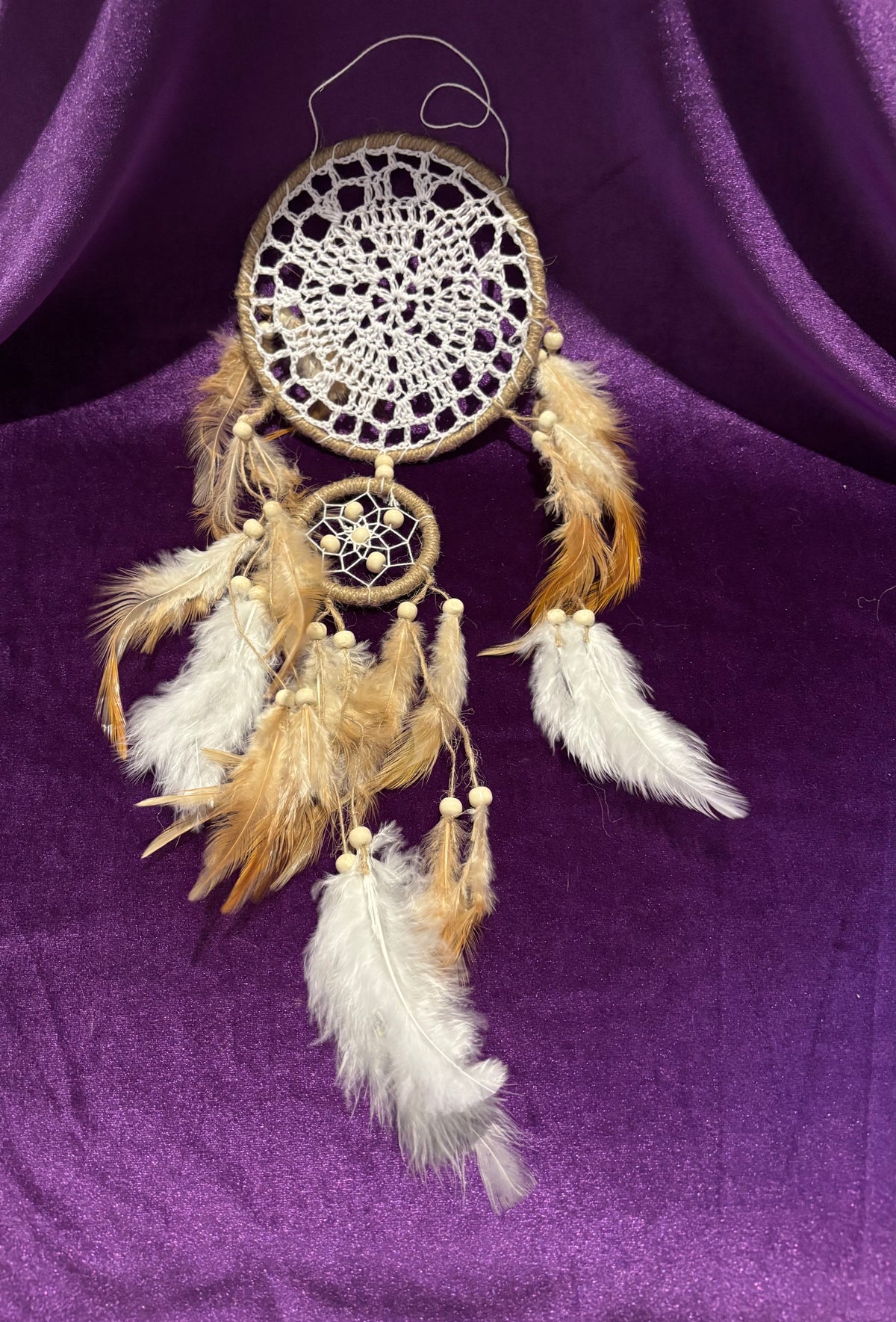 Double-Hoop Crochet Dreamcatcher with Feathers – 5-Inch Main Hoop