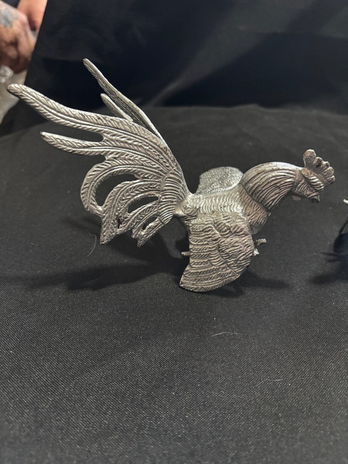 Pair of Vintage Silver-Tone Cast Metal Fighting Cockerels