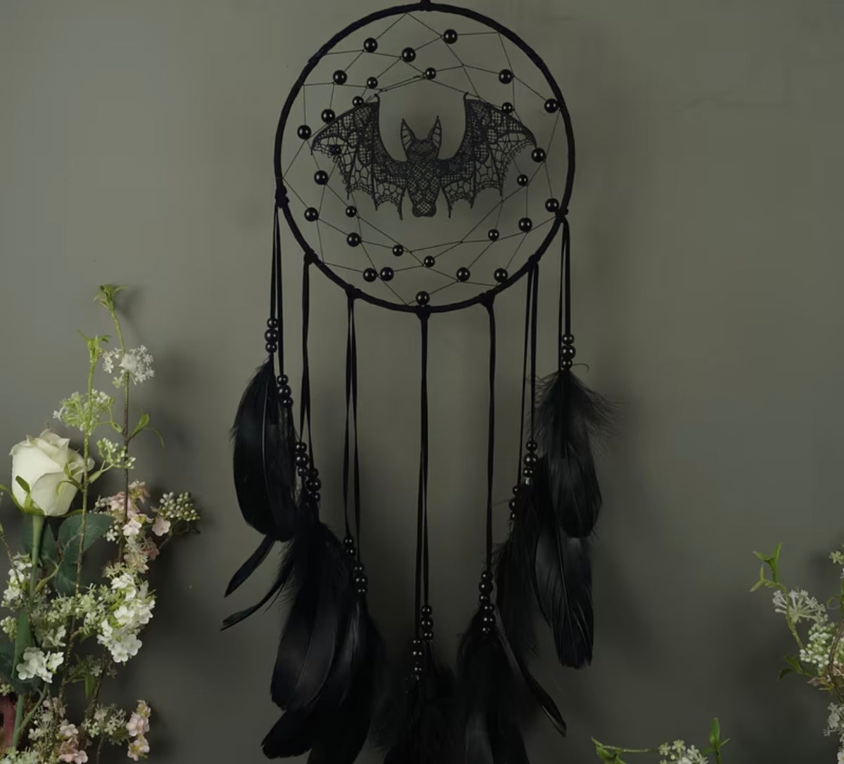 Handmade Lace Bat Dreamcatcher – Black Gothic 54cm
