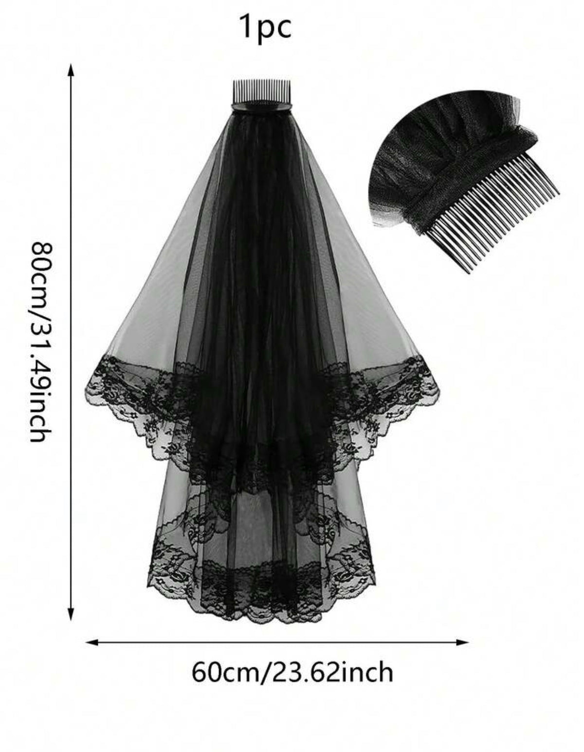 Black Gothic Lace Bridal Veil with Comb