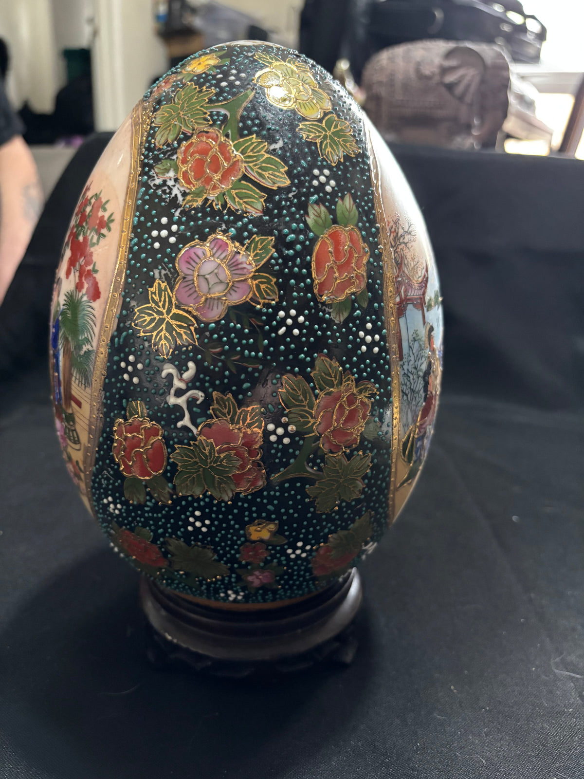 Large Vintage Chinese Satsuma-Style Moriage Egg on Stand