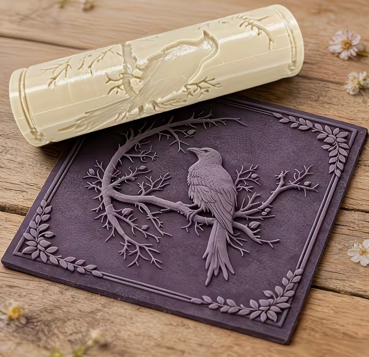 Raven on Branch Clay Texture Roller