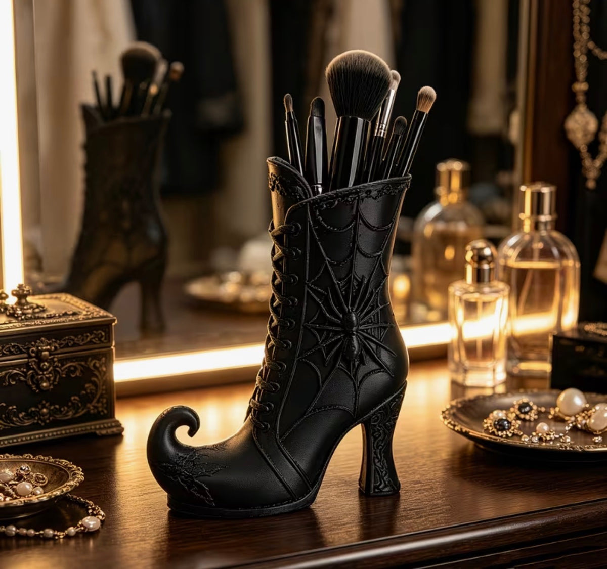 Gothic Spiderweb Witch Boot Makeup Brush Holder