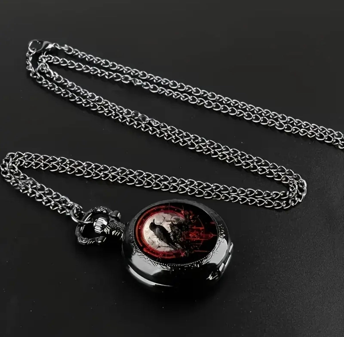 Gothic Pocket Watch Necklace – Raven (Red)