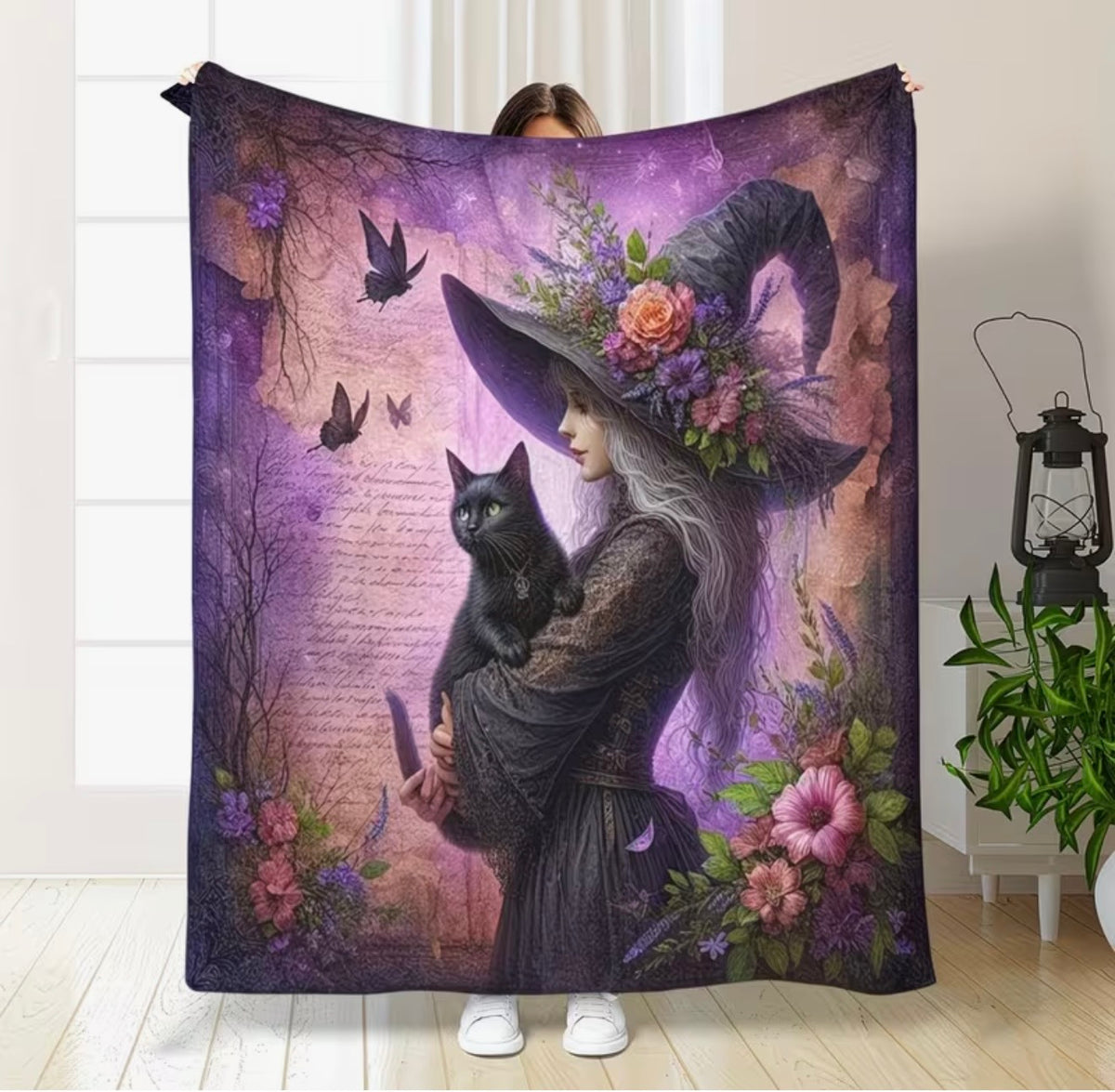 Floral Witch and Black Cat Fleece Blanket – 180 × 230cm