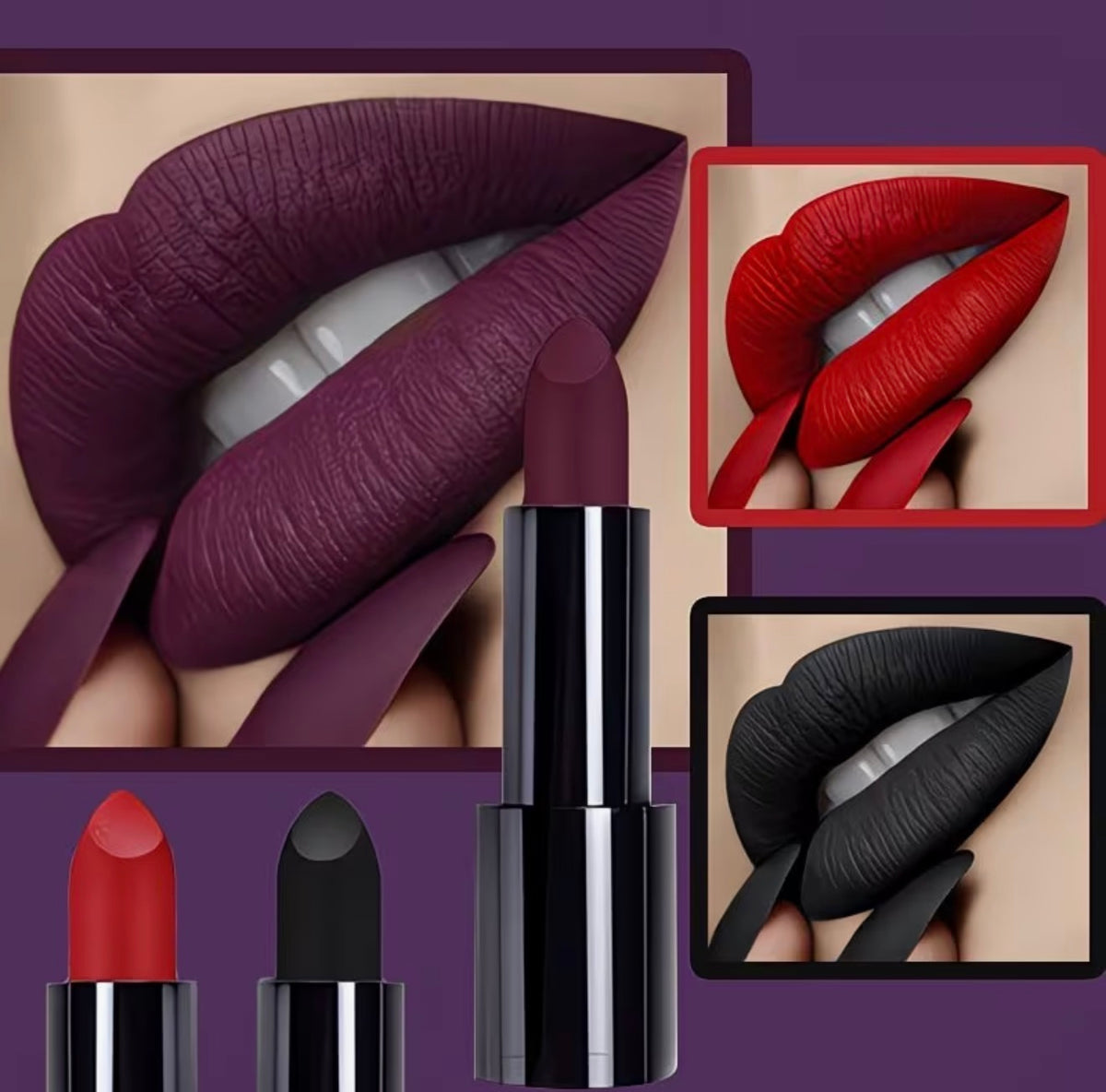 Darkly Lipstick Trio – Red, Plum & Black