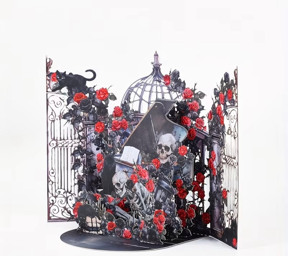 Gothic Rose Garden 3D Pop-Up Card – Skeletons, Cats & Piano