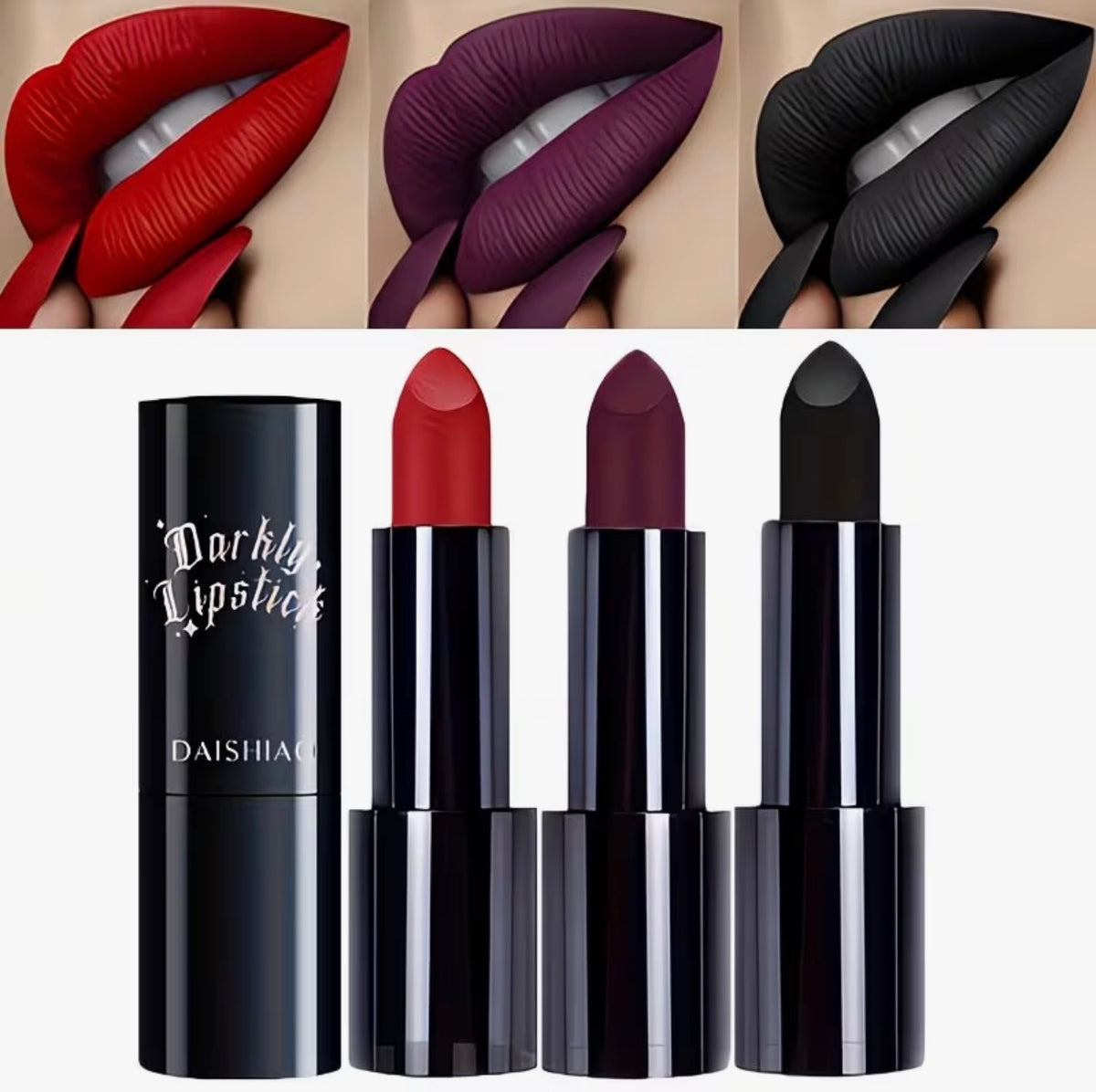 Darkly Lipstick Trio – Red, Plum & Black
