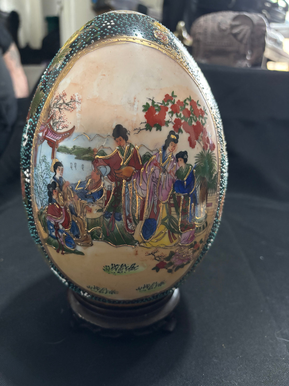 Large Vintage Chinese Satsuma-Style Moriage Egg on Stand