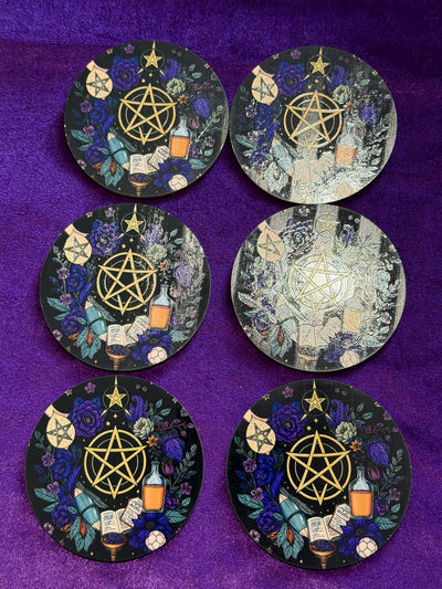 Pentagram & Spellcraft Wooden Coasters – Set of Six