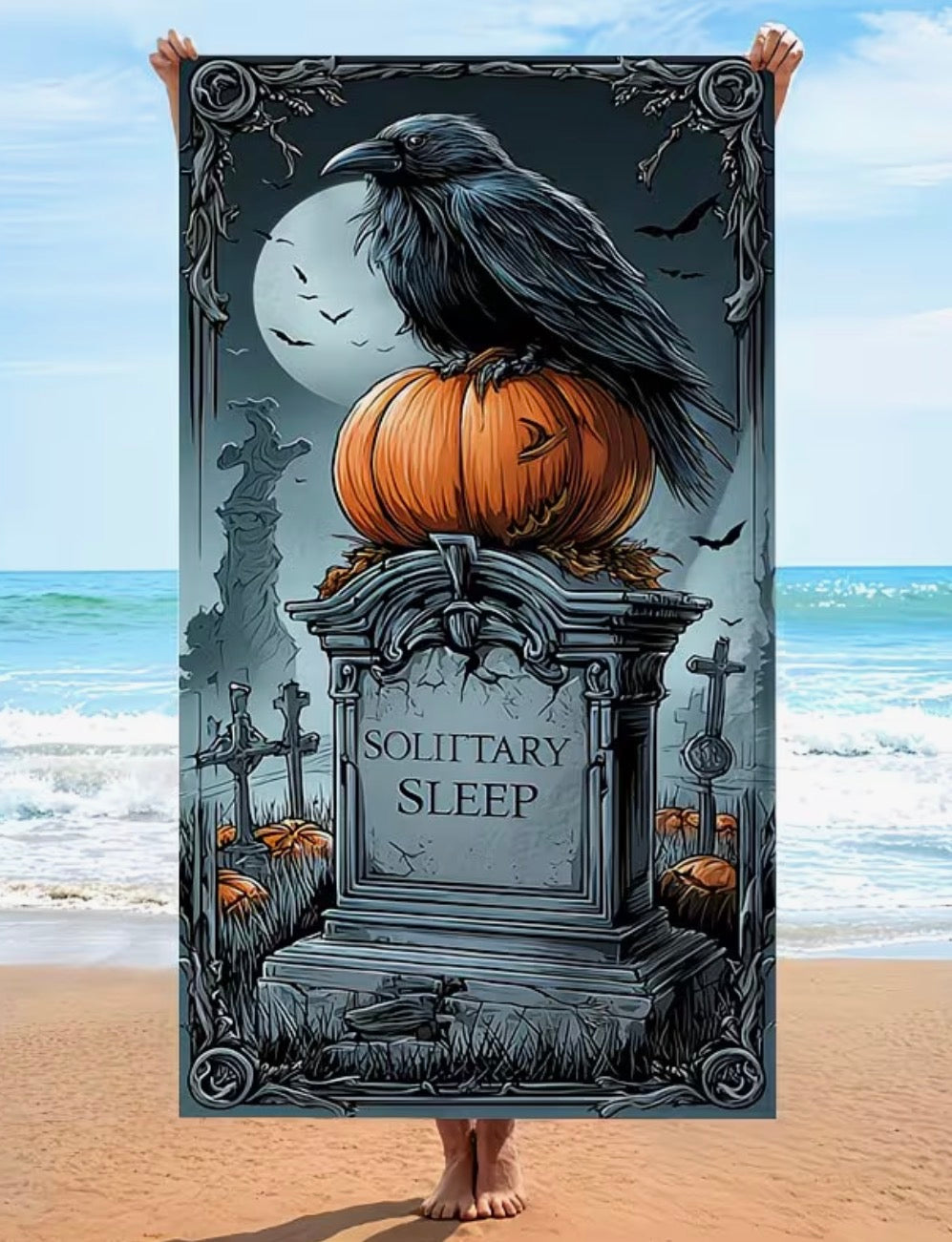 Solitary Sleep – Raven & Pumpkin Gothic Bath Towel