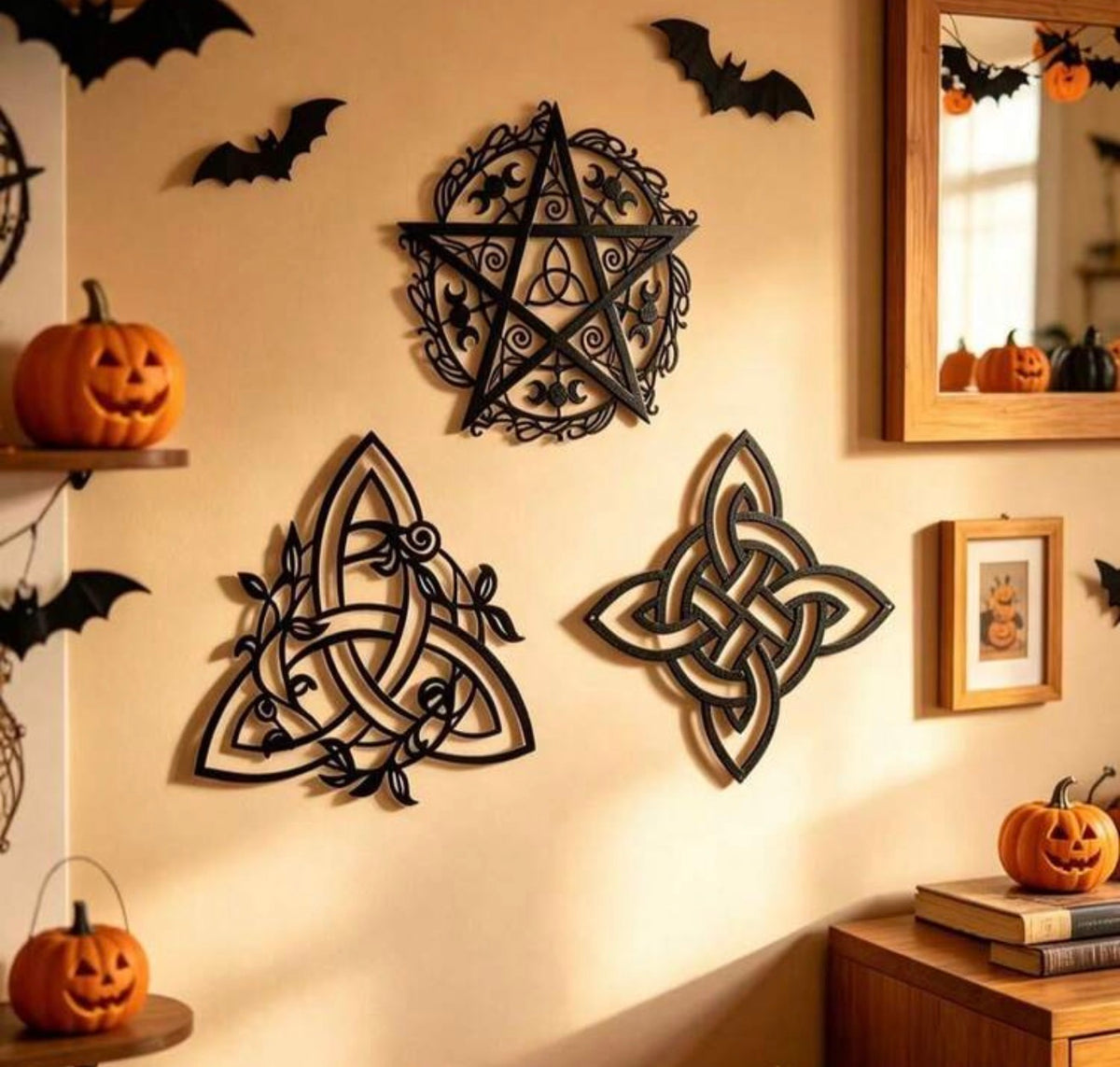 Triple Moon, Pentacle & Celtic Knot Metal Wall Art – Set of 3