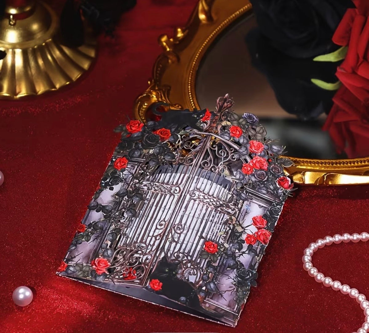Gothic Rose Garden 3D Pop-Up Card – Skeletons, Cats & Piano