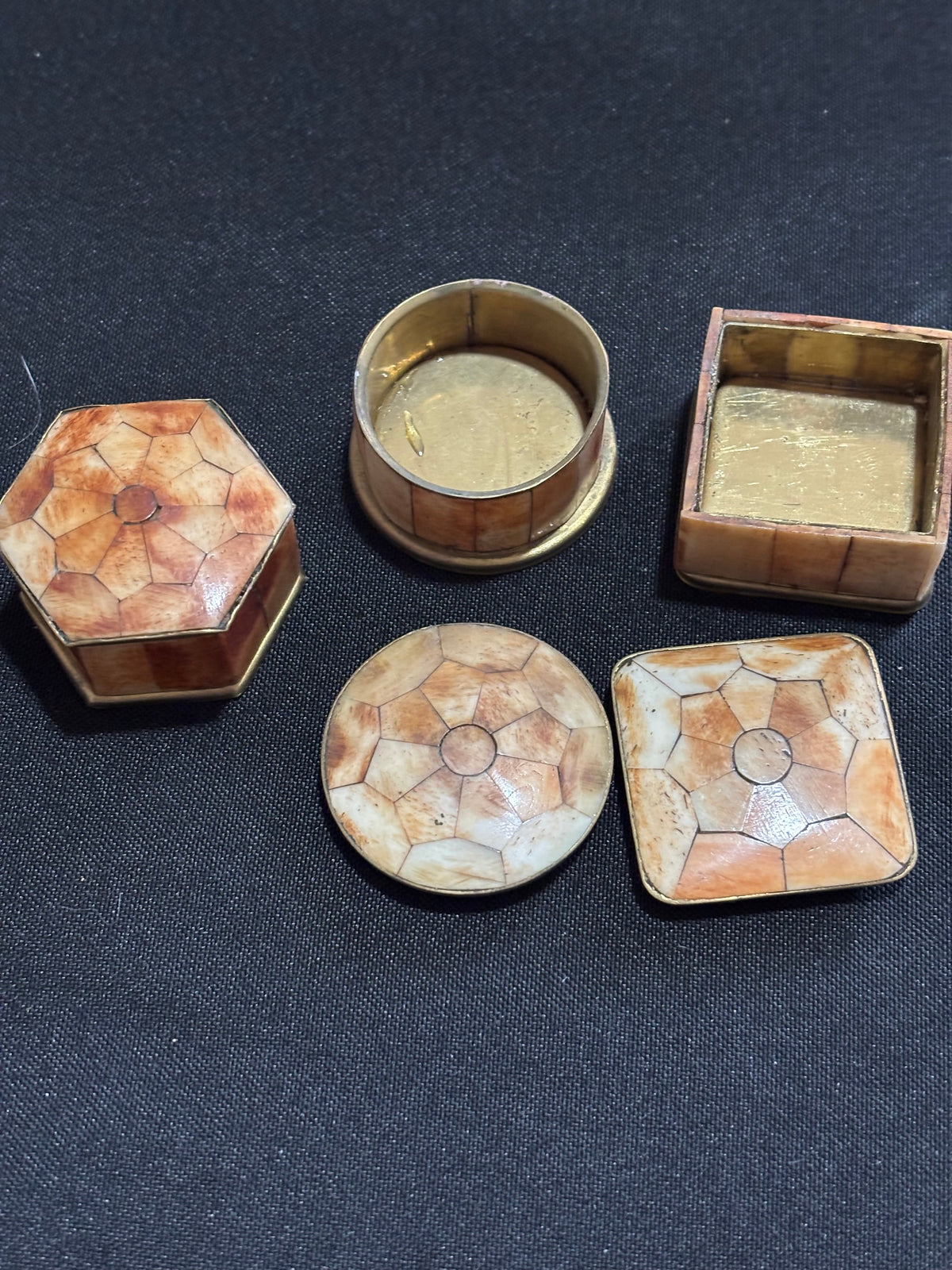 Set of Three Vintage Indian Bone & Brass Pill Boxes