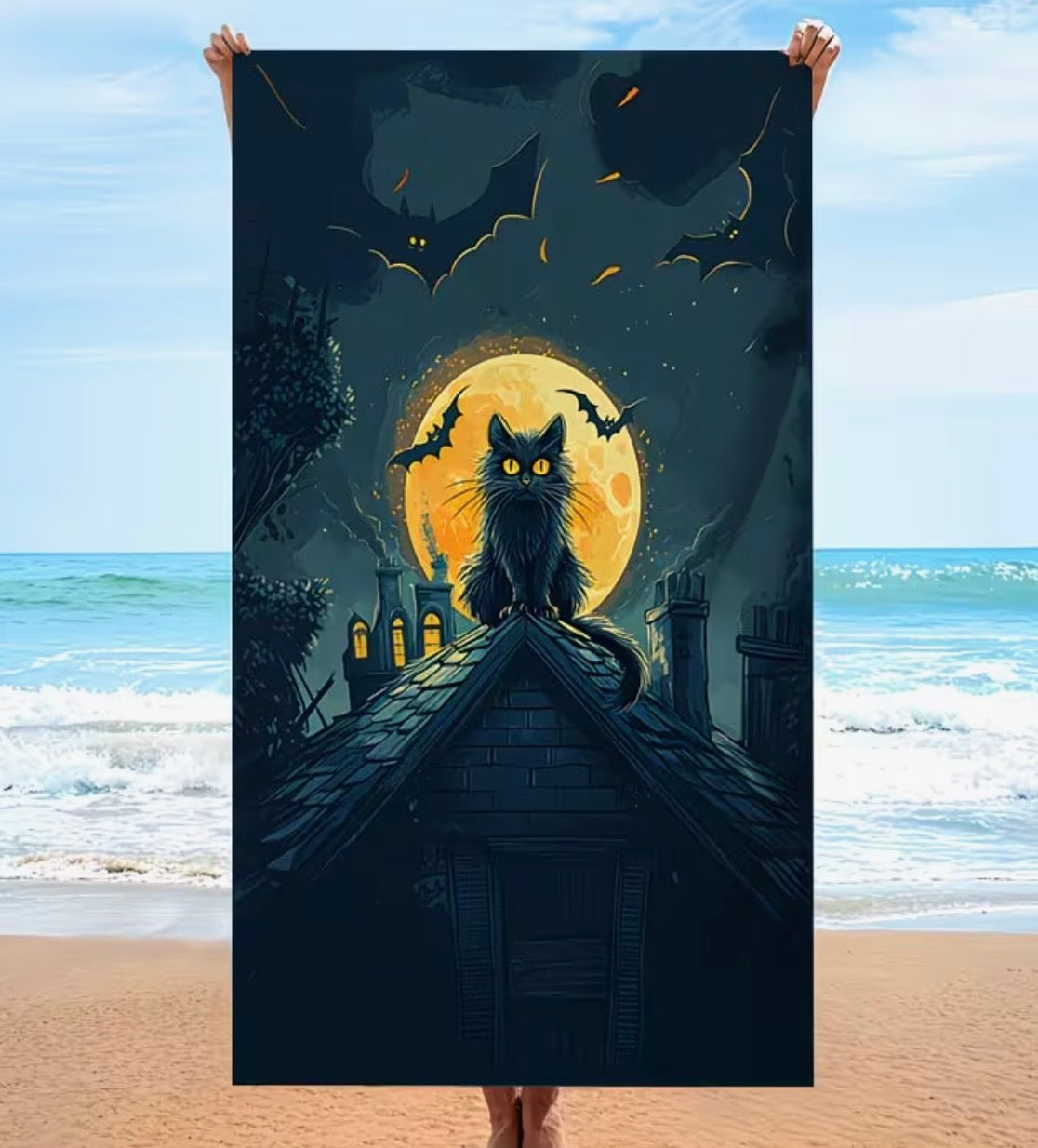 Midnight Rooftop – Gothic Black Cat Bath Towel