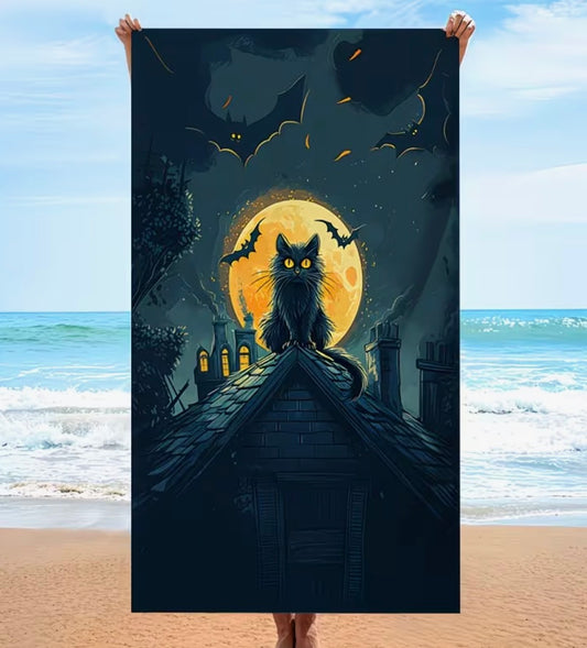 Midnight Rooftop – Gothic Black Cat Bath Towel