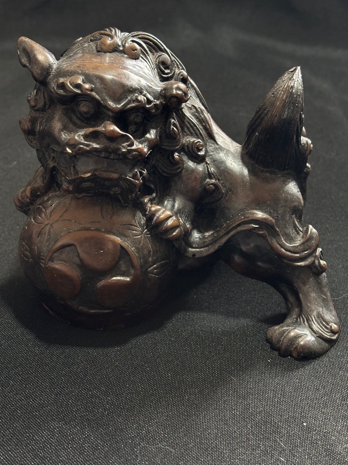 Vintage Heavy Resin Foo Dog Guardian Lion with Brocade Ball