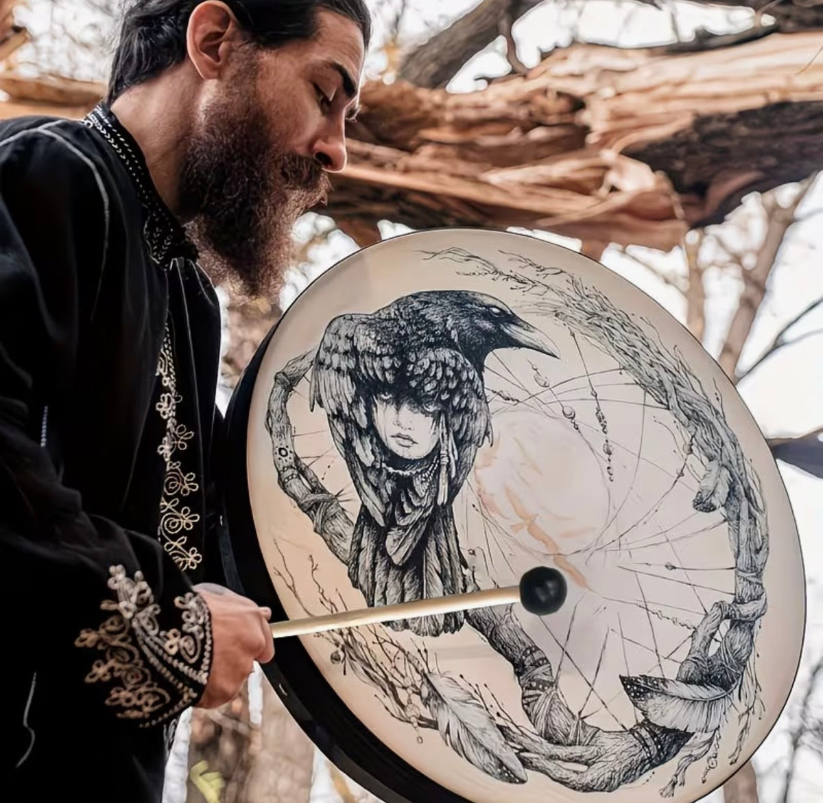 Shamanic Hand Drum With Raven Design