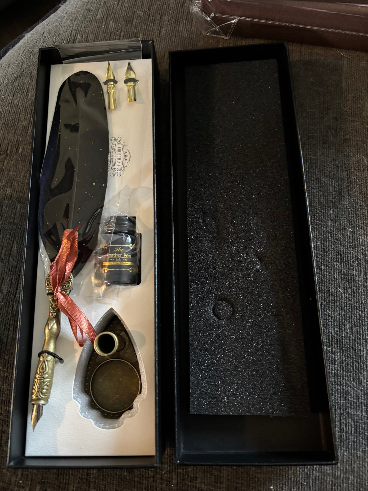 Vintage Black Feather Ink & Quill Set with Stand