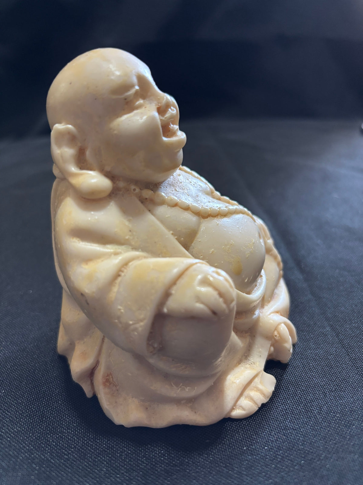 Large Vintage Cream Resin Laughing Buddha with Prayer Beads