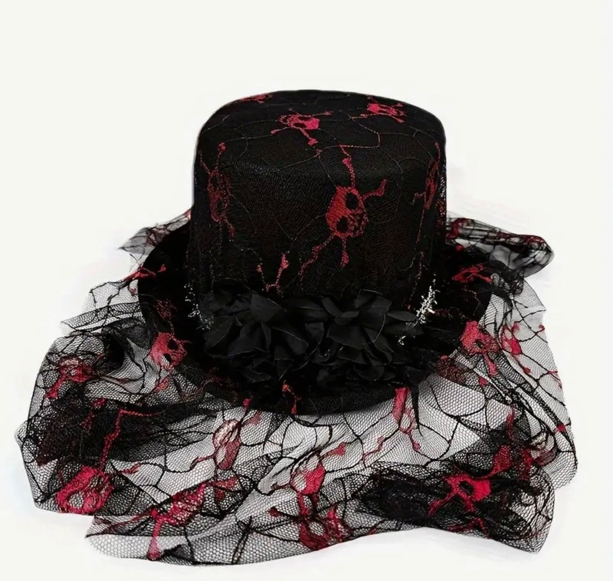 Black & Red Gothic Skull Lace Top Hat