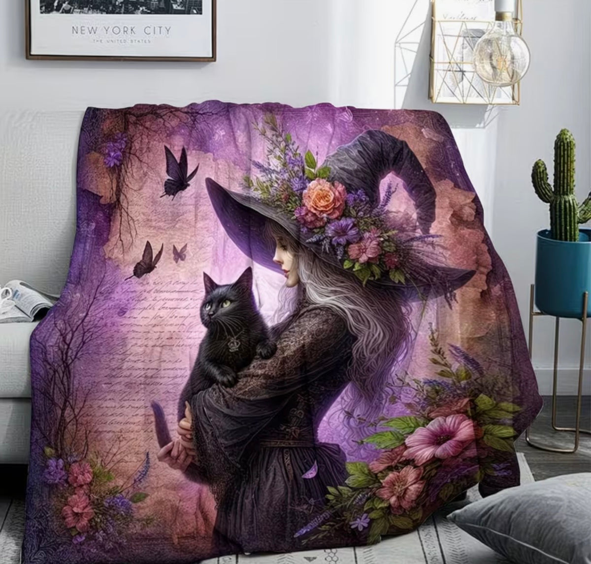 Floral Witch and Black Cat Fleece Blanket – 180 × 230cm