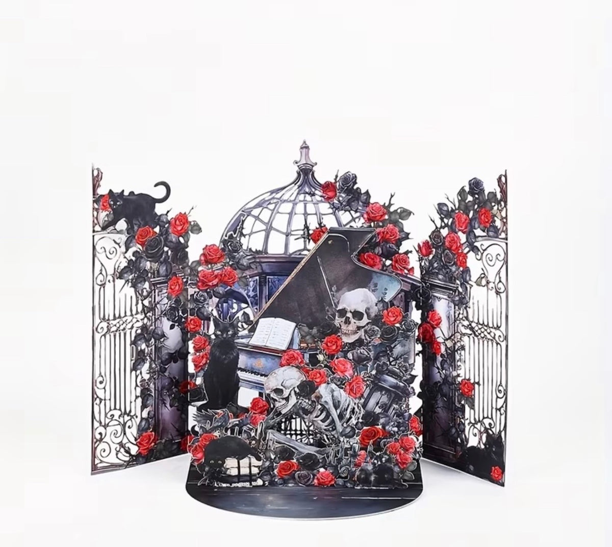 Gothic Rose Garden 3D Pop-Up Card – Skeletons, Cats & Piano