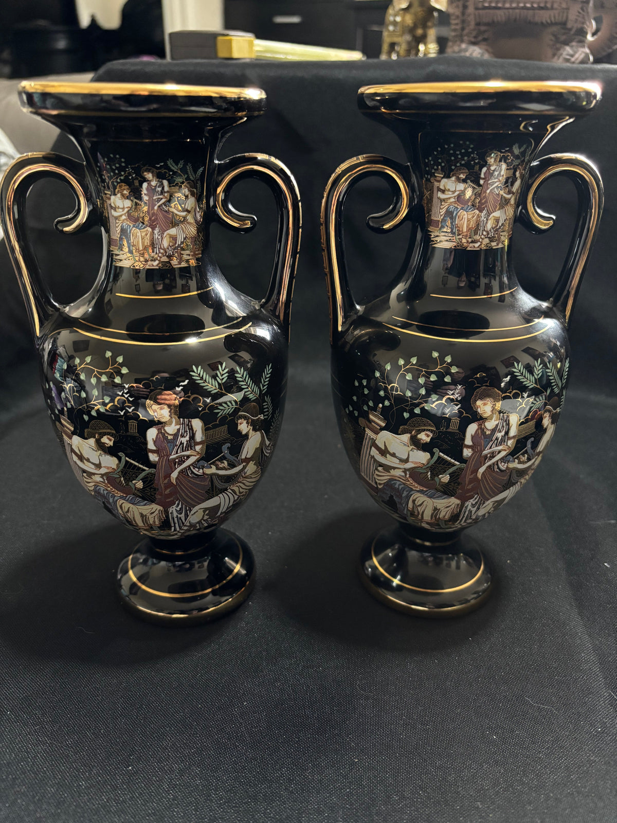 Pair of Vintage Greek 24K Gold Black Amphora Vases