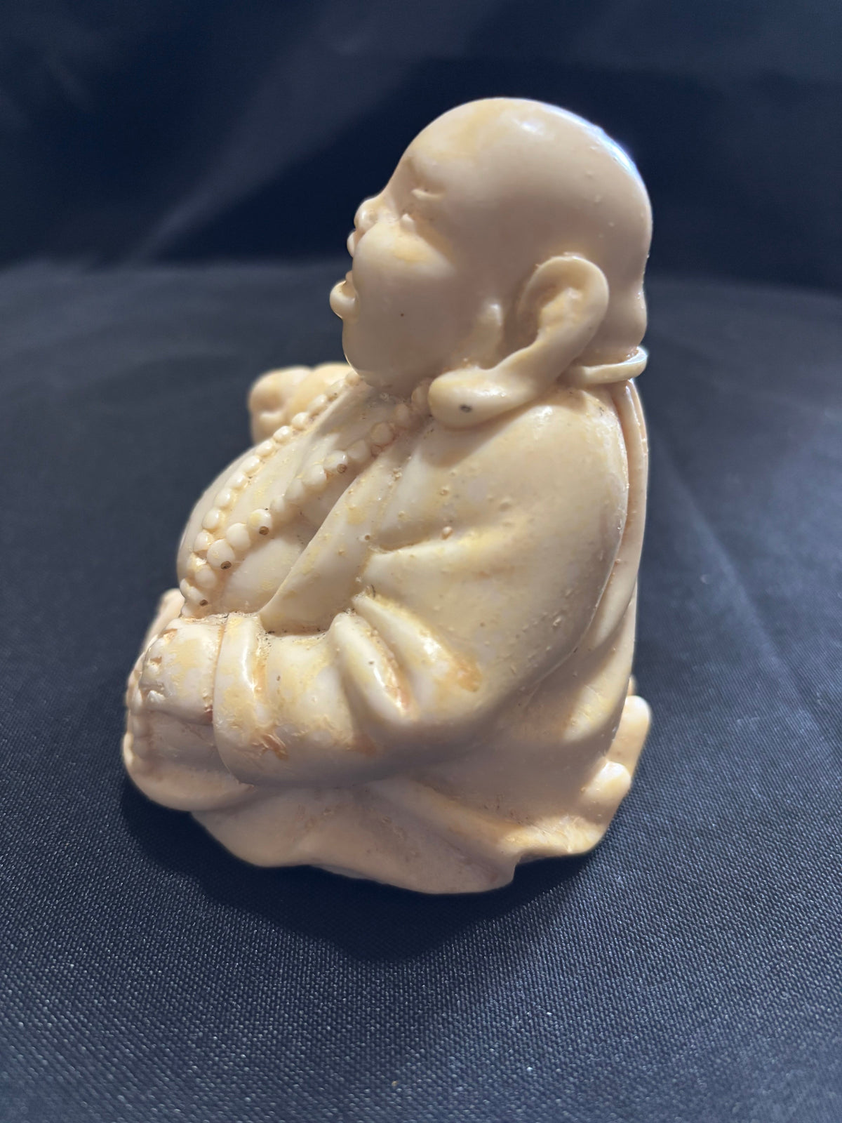 Large Vintage Cream Resin Laughing Buddha with Prayer Beads